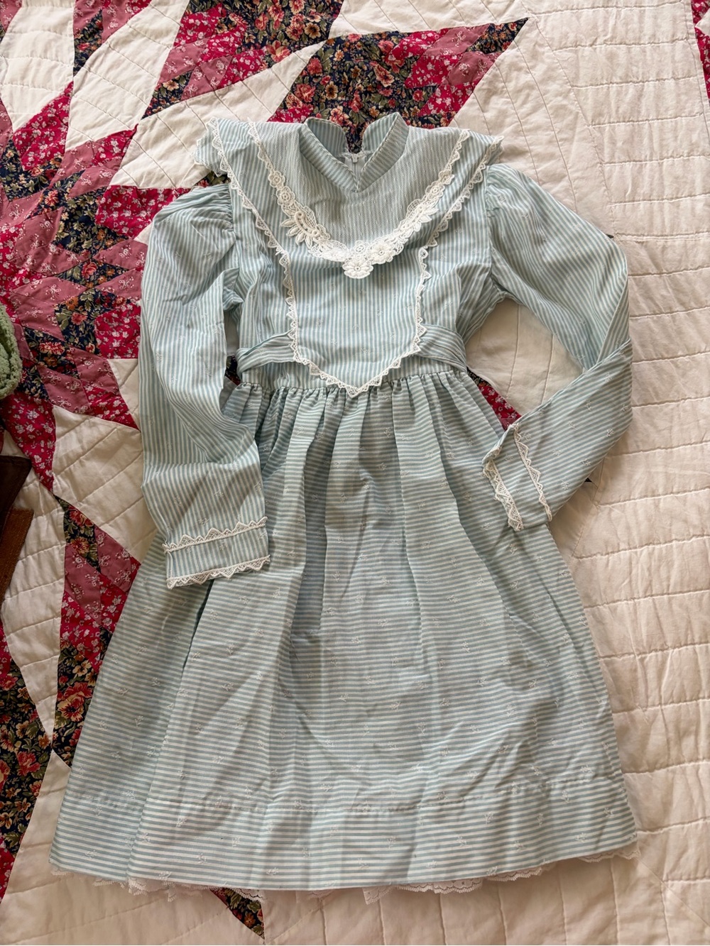 Bonnie Jean Light Blue and White Striped Lace-Trim Dress